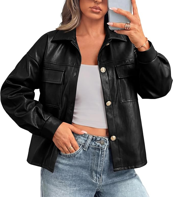 PRETTYGADEN Women's Button Down Faux Leather Jacket | Fall Fashion Turn Down Collar Winter Coats,... | Amazon (US)