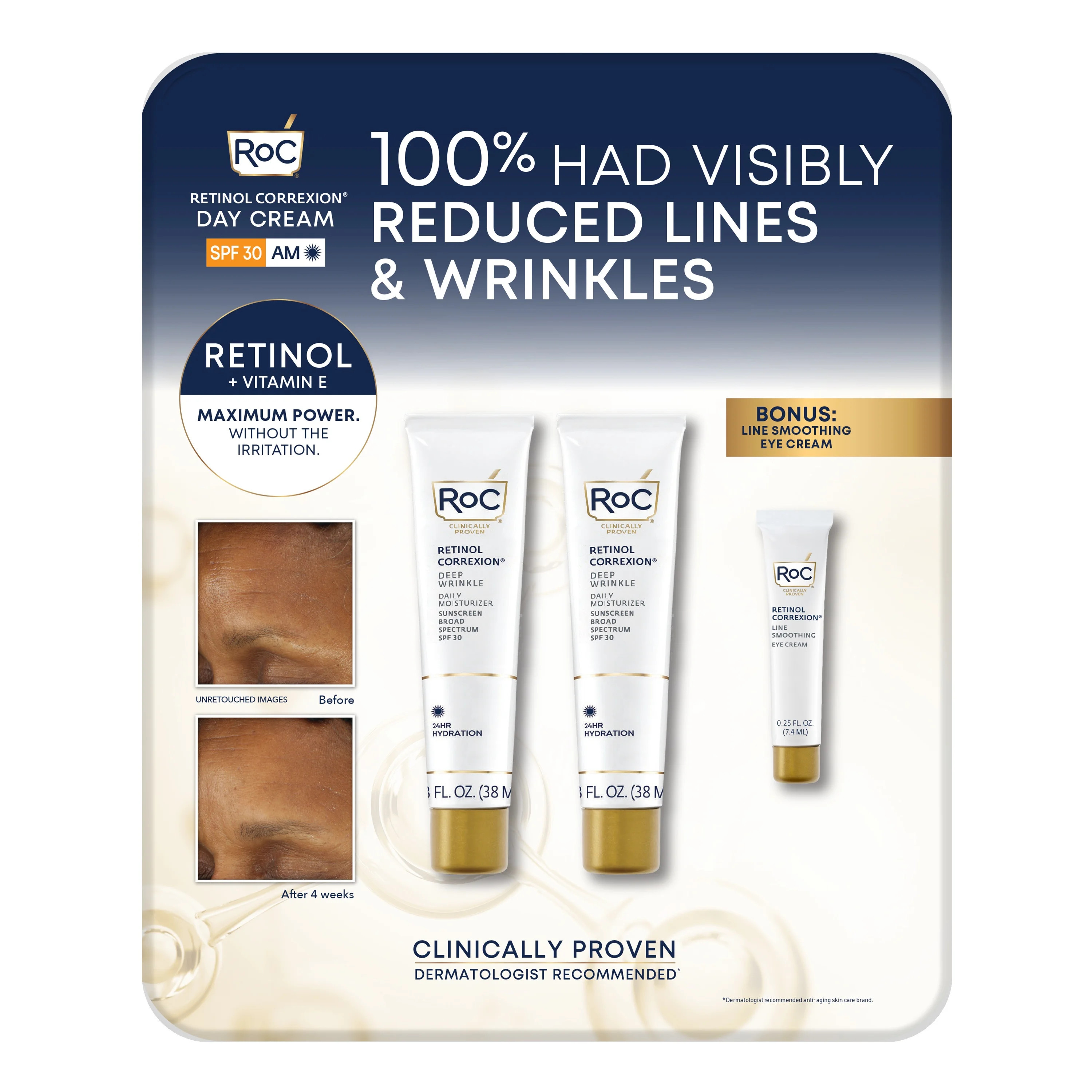 RoC Retinol Correxion Deep Wrinkle Anti-Aging Day Cream SPF 30, 2-Pack + Bonus: Eye Cream | Walmart (US)