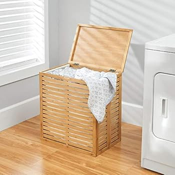 mDesign Bamboo Wood Foldable Laundry Basket Storage Organizer w/Removable Fabric Liner, Lid, Coll... | Amazon (US)