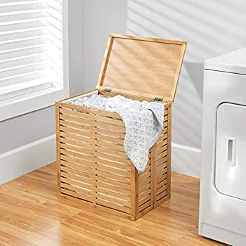 mDesign Bamboo Wood Foldable Laundry Basket Storage Organizer w/Removable Fabric Liner, Lid, Coll... | Amazon (US)