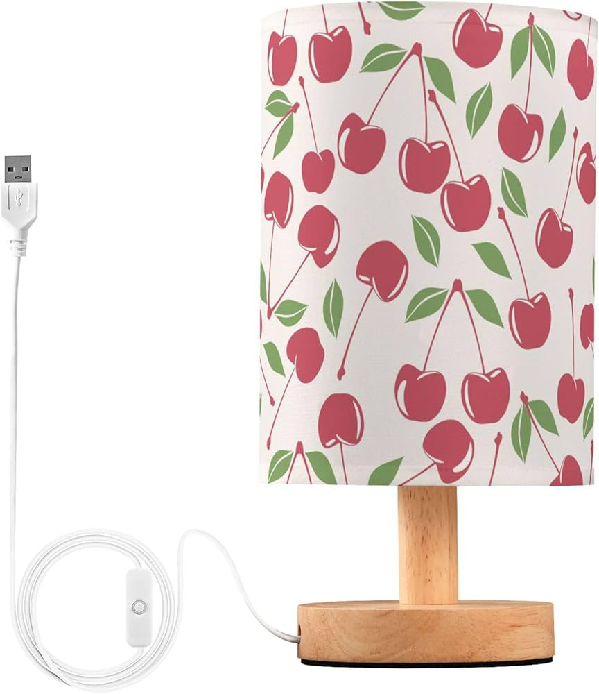 Table Lamp Vintage Cherry Pattern on Pink Nightstand Lamp with Wood Base Fabric Lamp Shade Bedsid... | Amazon (US)