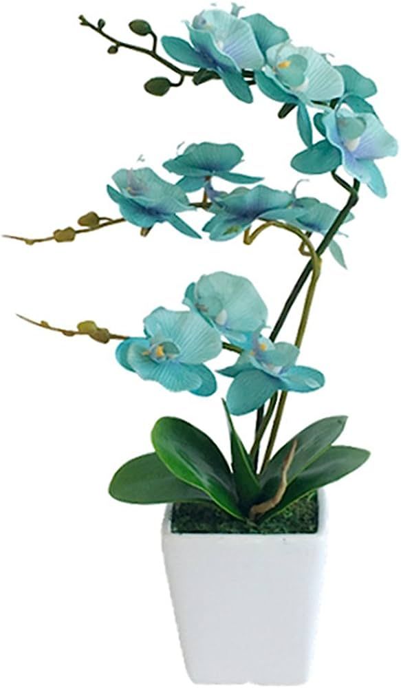 YSZL 15 Inches Tall Artificial Silk Phalaenopsis Orchid Flower Plant Pot Arrangements (Golden Blu... | Amazon (US)