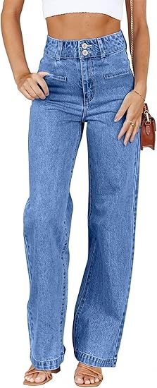 Sidefeel Women's Jeans High Waisted Straight Leg Stretchy Jeans Trendy Welt Pockets Loose Wide Le... | Amazon (US)