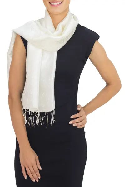 Flowers on Cream Color Scarf from Thailand | NOVICA