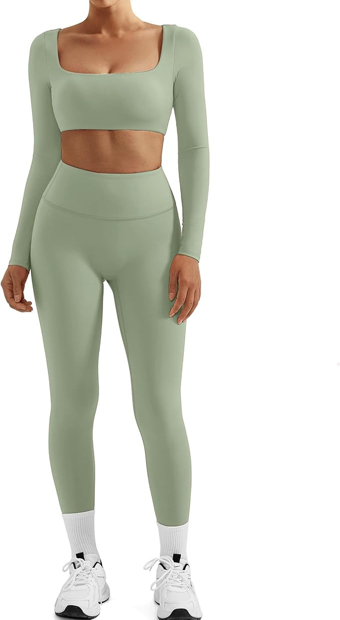 SUUKSESS Women 2 Piece Workout Sets Compression Tummy Control Leggings with Pockets Long Sleeve S... | Amazon (US)