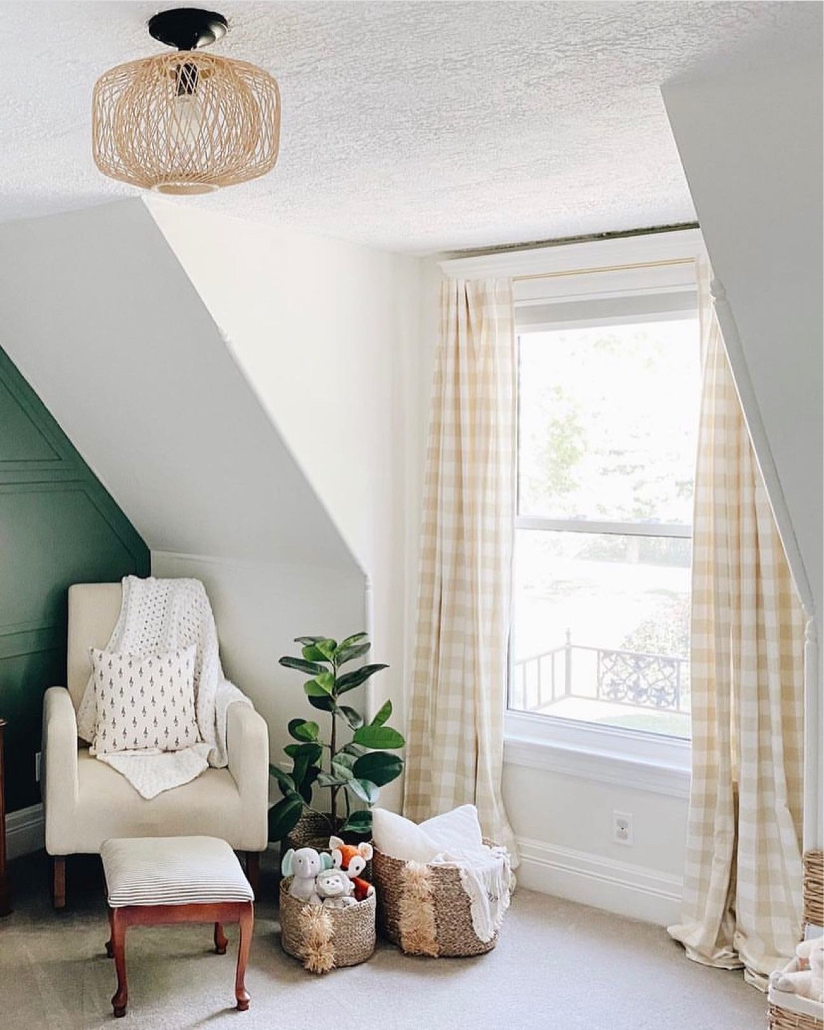 Neutral nursery - gender neutral - green nursery - music-themed nursery - wainscoting wall - accent wall - gingham curtains - kids room - throw pillows - throw blankets - woven baskets

#LTKbaby #LTKkids #LTKfamily