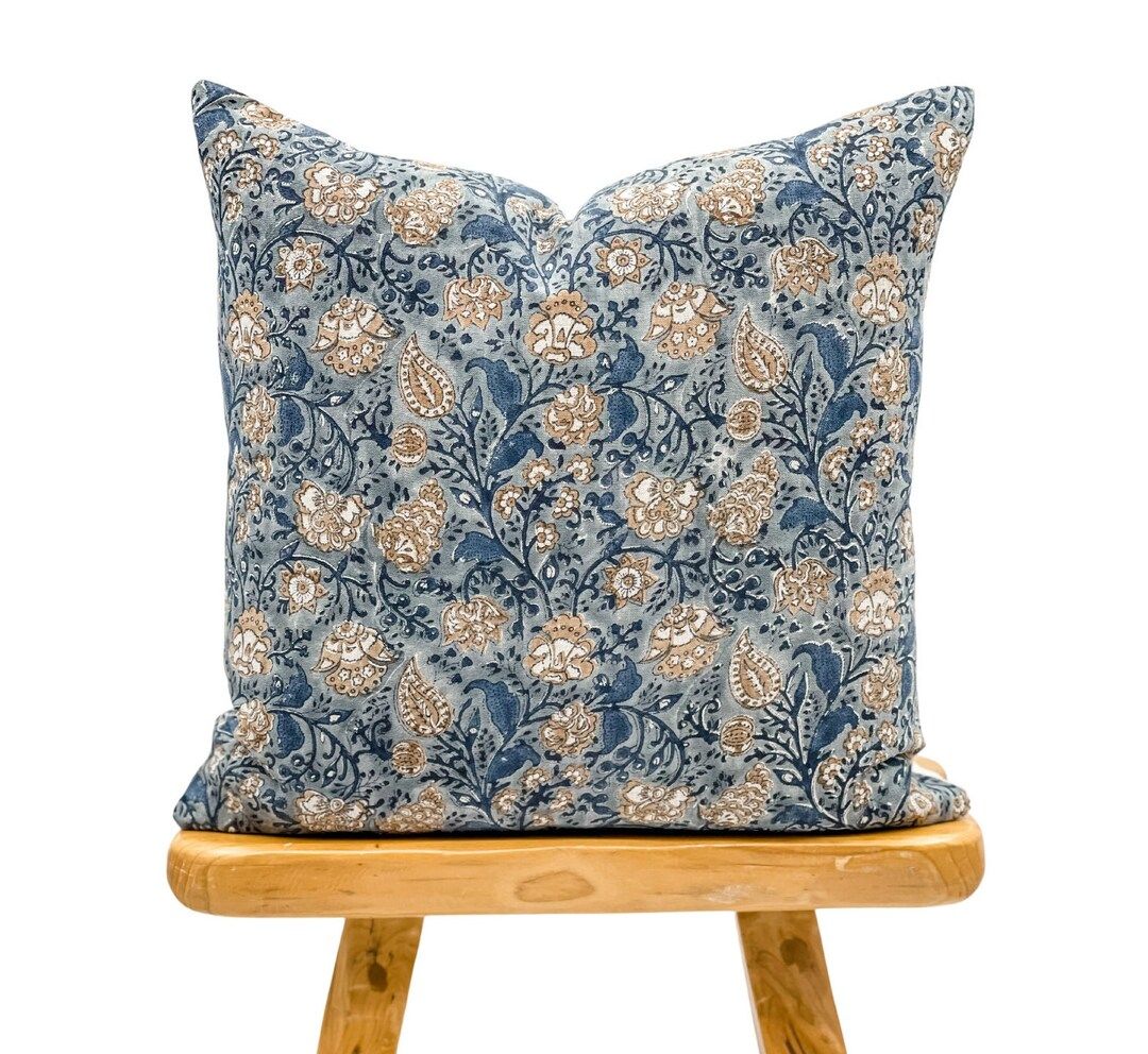 Designer Floral Print on Natural Linen Pillow Cover Grey Blue - Etsy | Etsy (US)