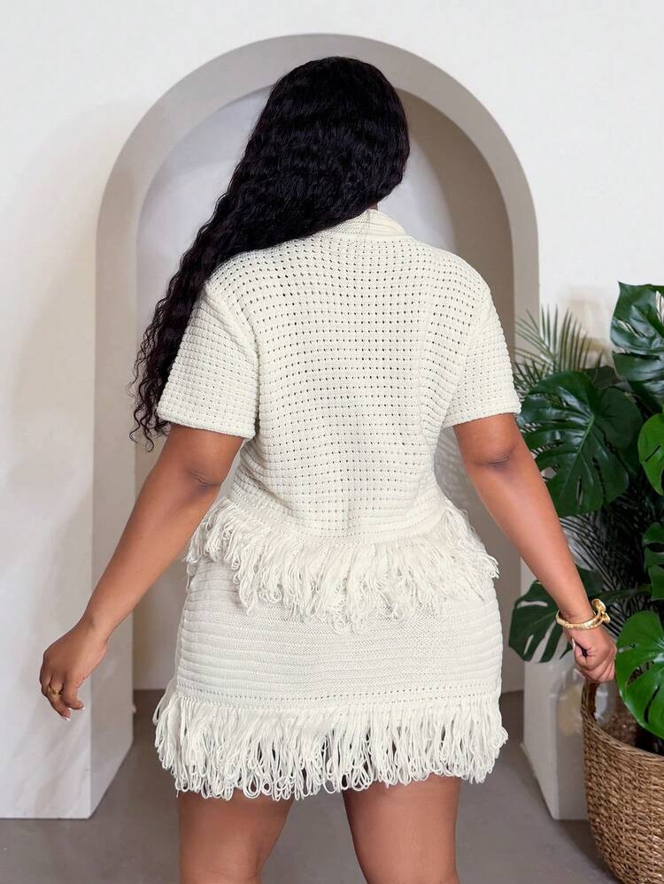 Veslaya Plus Size Women's White Elegant Summer Vacation Bohemian Openwork Knit Short Sleeve Colla... | SHEIN