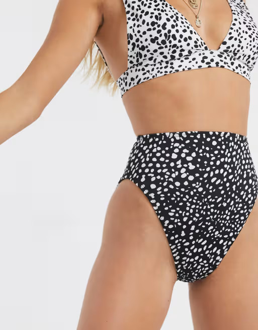 ASOS DESIGN recycled mix and match high leg high waist bikini bottom in black mono polka dot | ASOS (Global)