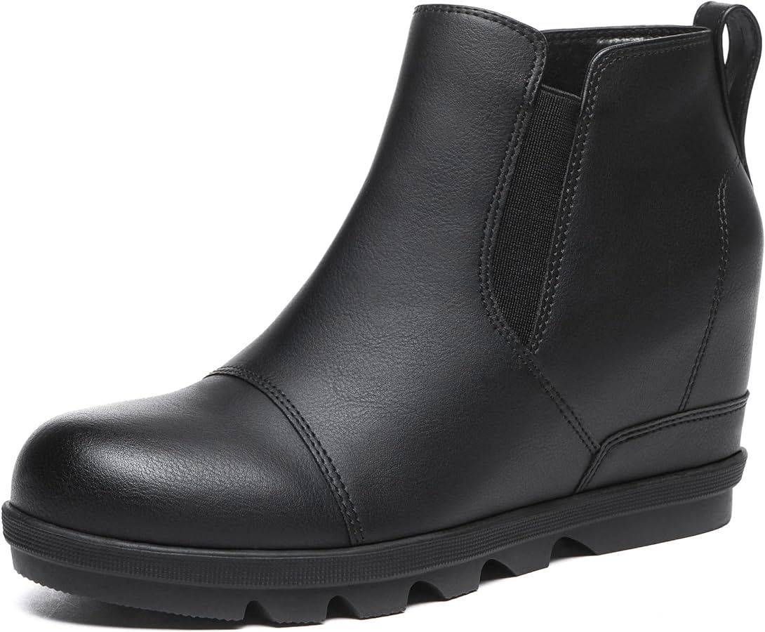 Athlefit Women's Wedge Ankle Boots Comfort Slip-On Waterproof Leather Platform Booties | Amazon (US)