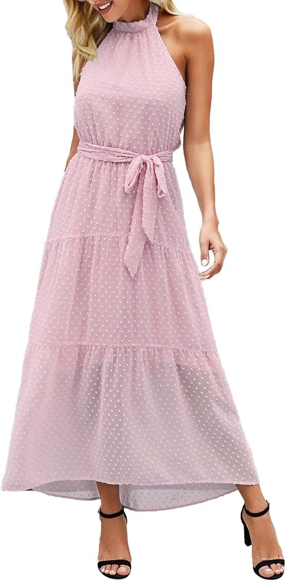 PRETTYGARDEN Women’s Casual Halter Neck Sleeveless Floral Long Maxi Dress Backless Loose Ruffle Sund | Amazon (US)