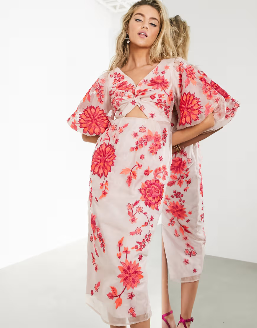 ASOS EDITION embroidered organza midi dress with puff sleeves-Multi | ASOS (Global)