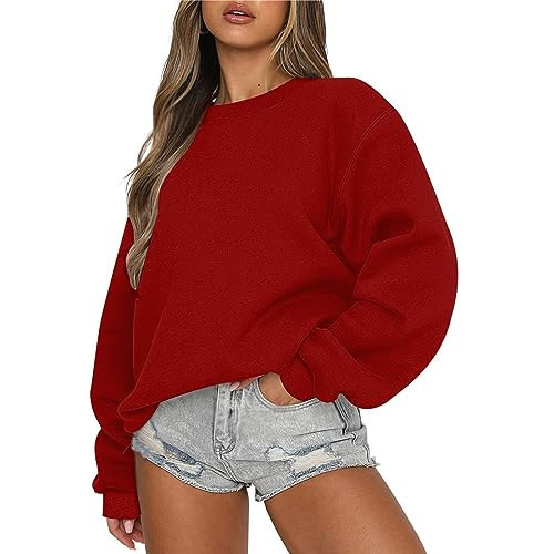 slqdgmryz Crewneck Sweatshirts Women Loose Fit Oversized Sweatshirt Preppy Fall Comfy Cute Hoodies Y2K Fleece Pullover Womens Sweatshirt Oversized Sweatshirts for Women Loose Fit, Red, Large | Amazon (US)
