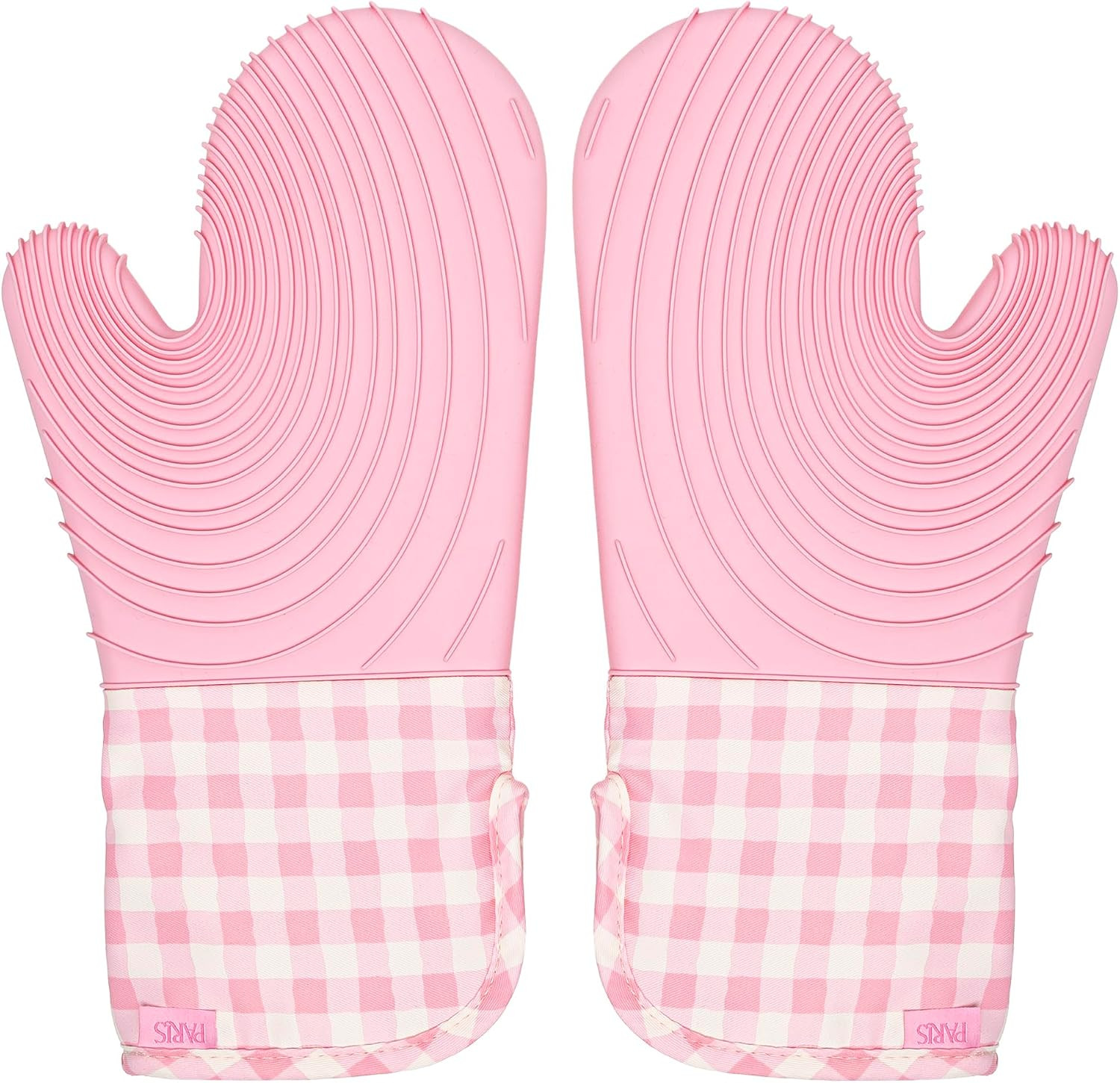Paris Hilton Oven Mitt Set with Limited Edition Pink Gingham Design, Heat Resistant Pot Holders Featuring Non-Slip Textured Silicone Grips, 2-Piece Set, Pink | Amazon (US)
