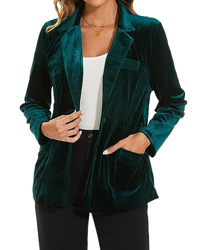 MINTLIMIT Velvet Blazer for Women Notched Lapel Classic Casual Formal Button Front Cardigan Blazers Tailored Velvet Jacket Coat, 2XL, Dark Green | Amazon (US)