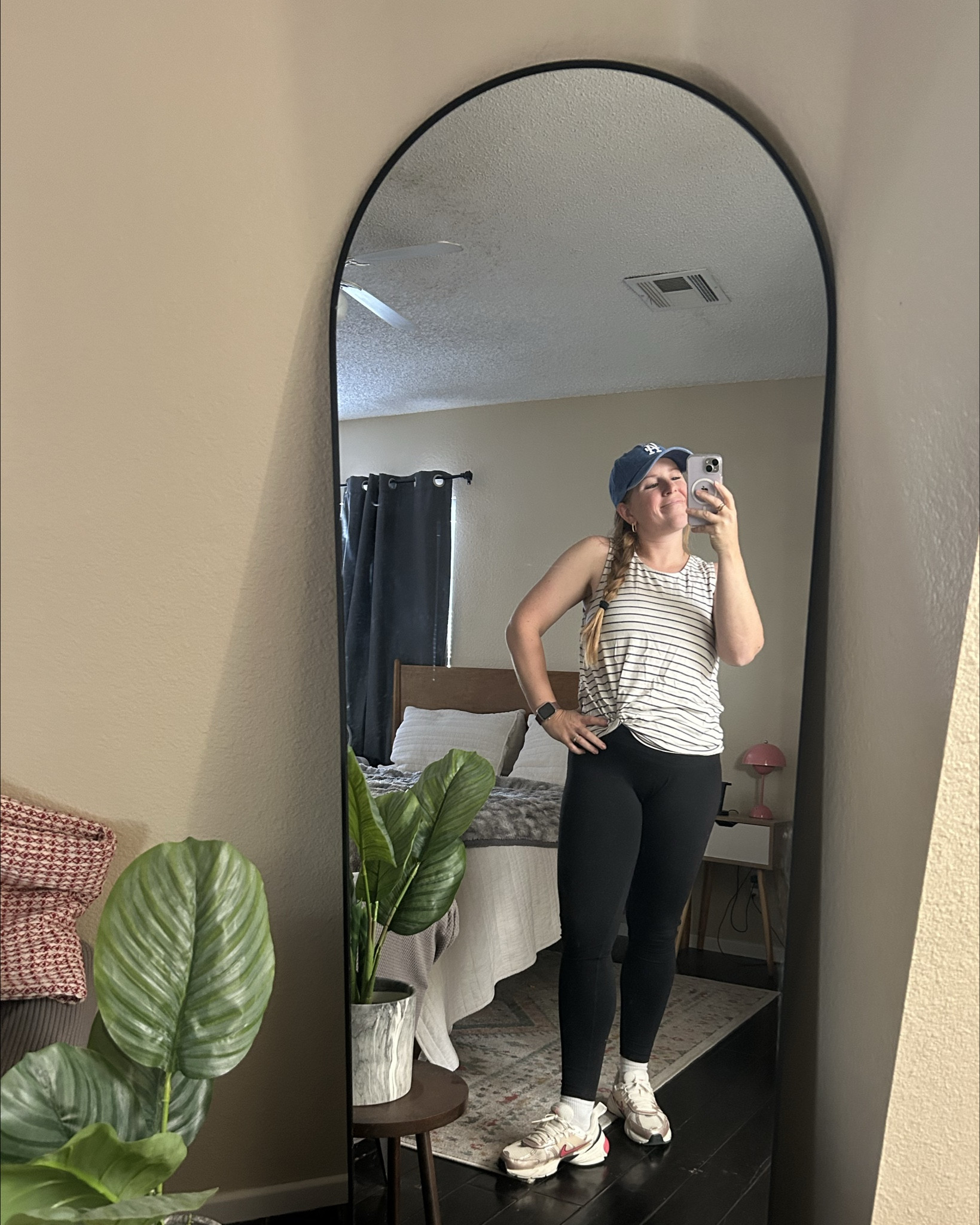 Fall workout fit! The linked the exact shoes and leggings, but a similar top. Albion fit has great tanks, although mine is discontinued. The leggings are my favorite because I don't need to adjust them while I'm working out!