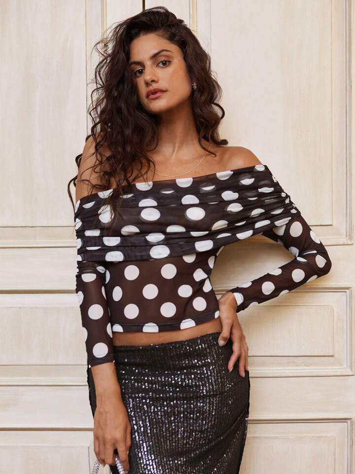 Opulessa Women's Casual Knit Mesh Polka Dot Off-Shoulder Long Sleeve Fitted Blouse | SHEIN