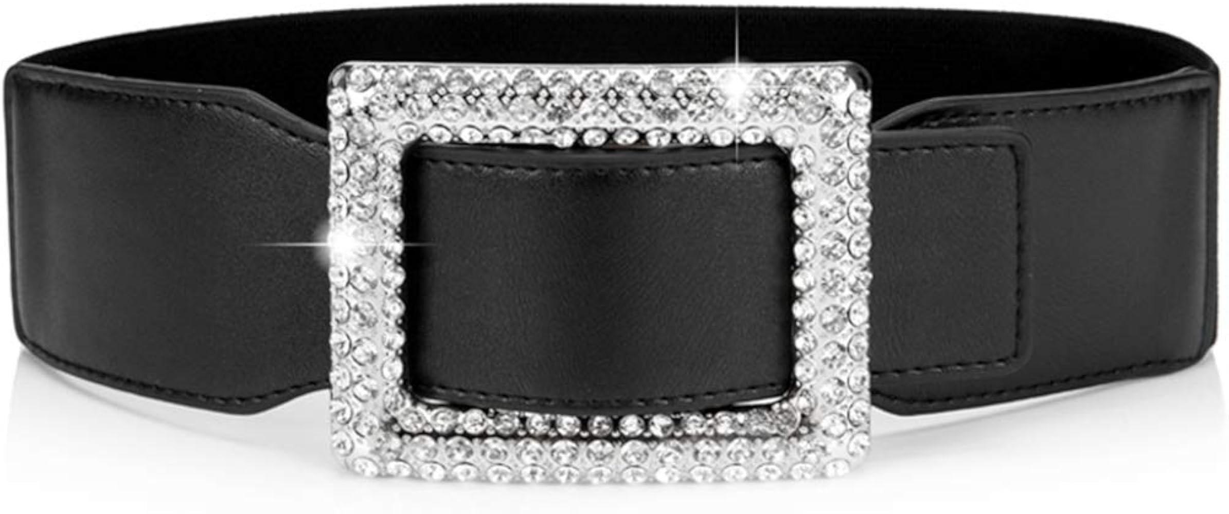 Belts for Women with Big Rhinestone Square Buckle -Wide Elastic Waist Dressy Strentch Waistbands Bel | Amazon (US)