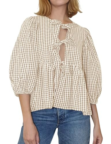 AKLOPVII Women Tie Up Front Plaid Peplum Tops Loose Crewneck 3/4 Puff Sleeve Blouse Shirts Y2K Going Out Preppy Clothes | Amazon (US)