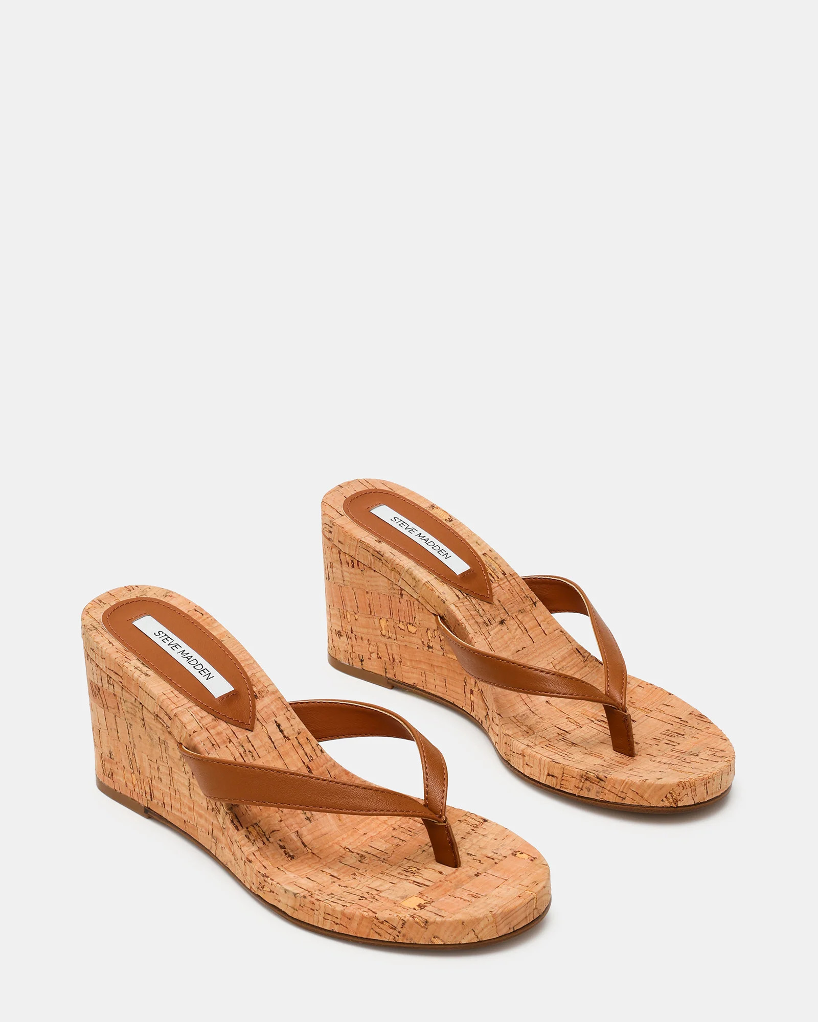 PLAYING Cork Tan Leather Thong Wedge Women's Sandal | Steve Madden (US)