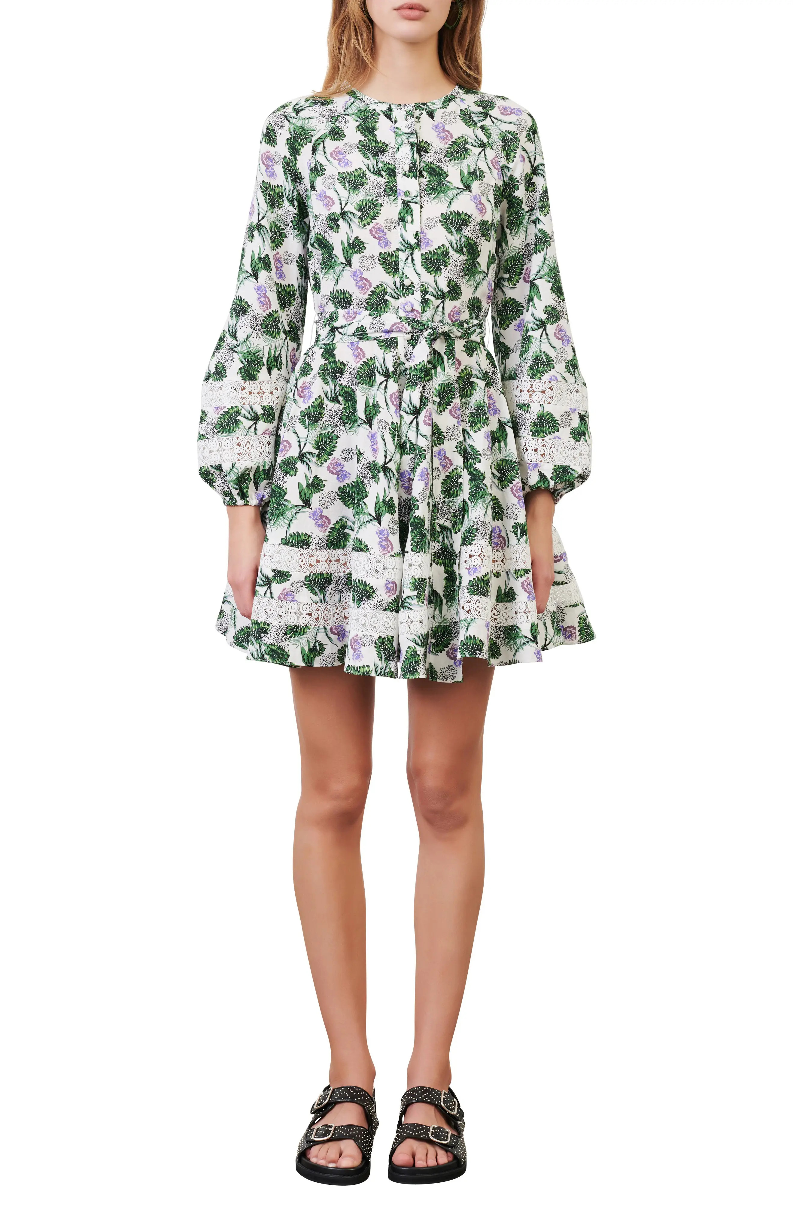 Women's Maje Botanical Print Long Sleeve Dress, Size 8 US - Green | Nordstrom