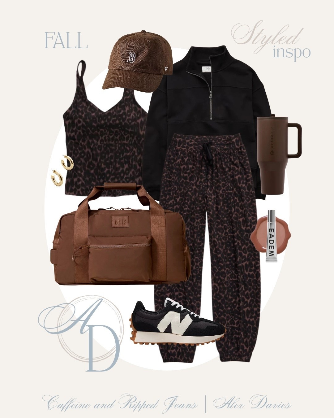 // fall outfit inspo women // fall outfit // casual fall outfit inspo // leopard print activewear for fall // new balance sneakers // gym bag // sweatshirt // brown water bottle // brown hat //