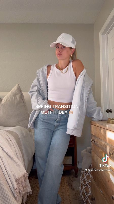 Baggy jeans, Levi jeans, basic tank, oversized zip up hoodie, everyday basics, basic spring outfit, spring fashion 2023, spring style 2023, trucker hat, model off duty outfit, Hailey bieber look for less, Hailey bieber outfit, new balance 990s 