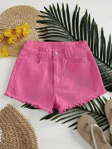 Women's Pocket Frayed Hem Loose Casual Versatile Denim Shorts | SHEIN
