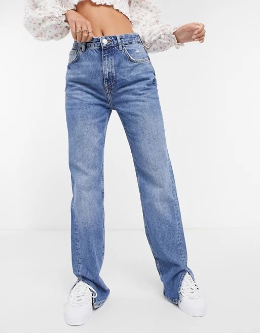 Pull&Bear 90s straight leg jeans with slits in blue | ASOS (Global)