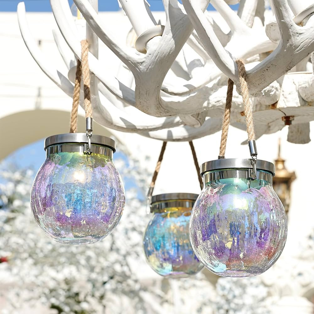 Cooo Cooo Iridescent Crackle Glass Solar Lantern Outdoor – Rainbow Electroplated Hanging Light ... | Amazon (US)