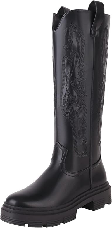 Amazon.com | sun gurg Women's Platform Knee High Boots Embroidered Western Chunky Heel with Pull-... | Amazon (US)