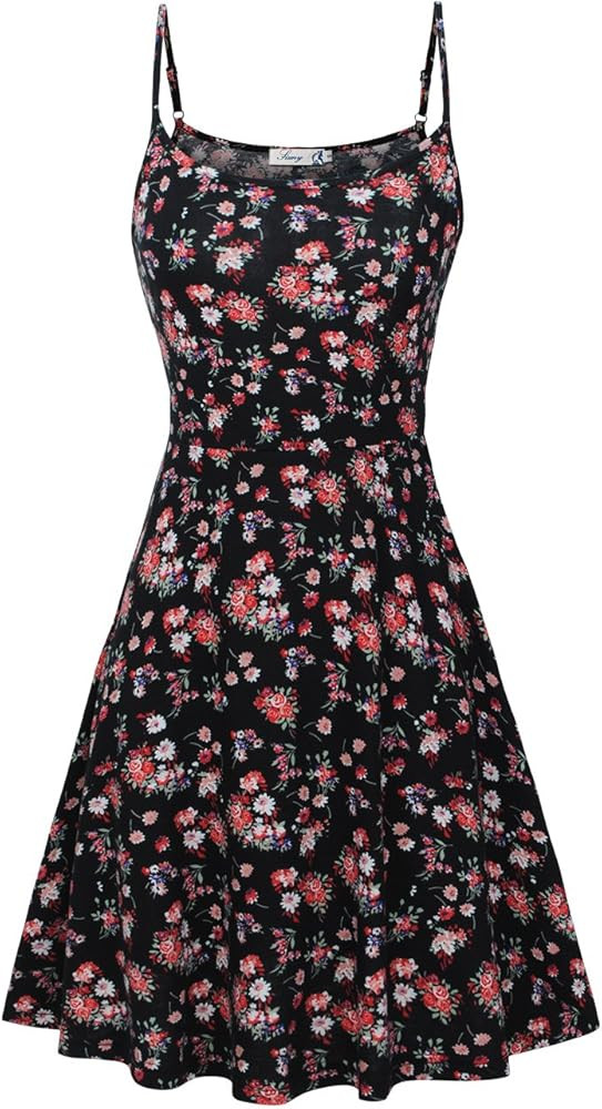 Womens Sleeveless Floral Printed Swing Sundress Spaghetti Strap Dresses | Amazon (US)