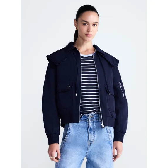 Free Assembly Women's and Women's Plus Ruffle Collar Bomber Jacket, Sizes XS-4X | Walmart (US)