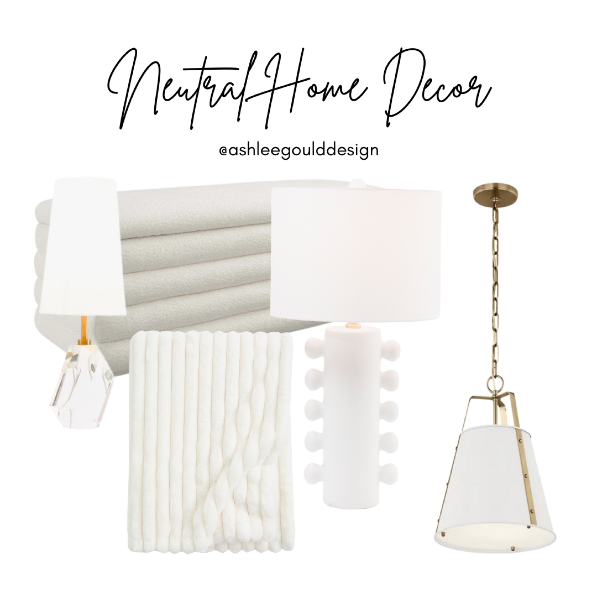 Neutral home finds I own  
Home decor
Pendant light 
Storage ottoman 
Table lamp 
Cozy blanket 