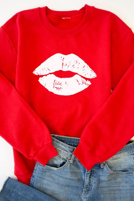 Kiss Me Lips Red Graphic Sweatshirt | The Pink Lily Boutique