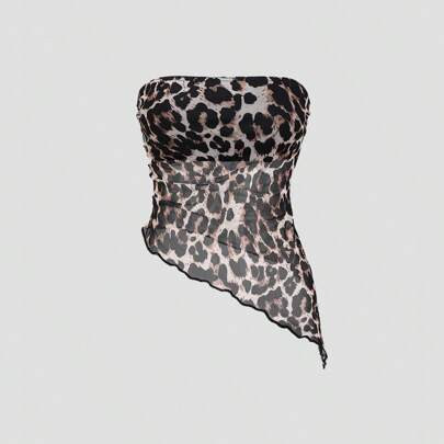Women's Leopard Print Halter Tank Top, High-Quality Mesh Fabric Flattering Cut, Asymmetrical Frill Hem, For Daily Commute Y2K OutfitÂ  | SHEIN