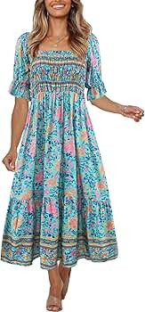 Women's Summer Bohemian Square Neck Floral Print Ruffle Vintage Flowy Beach Vacation Long Midi Bo... | Amazon (US)