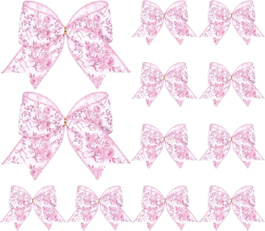 Realspring 12 Pcs 6.3 in Chinoiserie Pink Floral Christmas Bows Ornaments | Amazon (US)