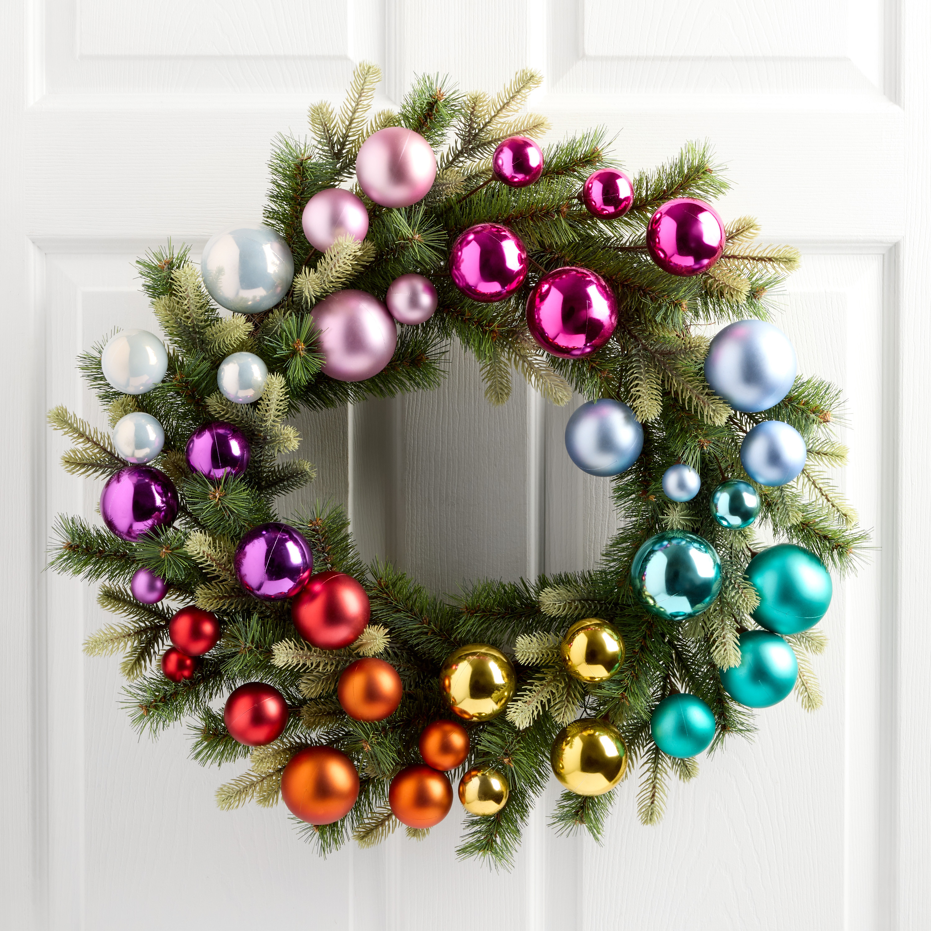 Mixed Faux Greenery with Rainbow Ornaments Wreath | World Market
