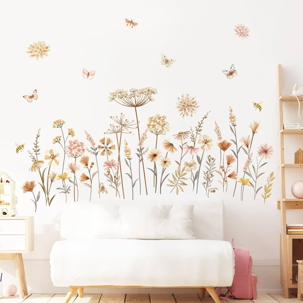 decalmile Boho Flower Wall Decals for Baby Nursery, Girls Bedroom, Kids Room, Wildflower Floral D... | Amazon (US)