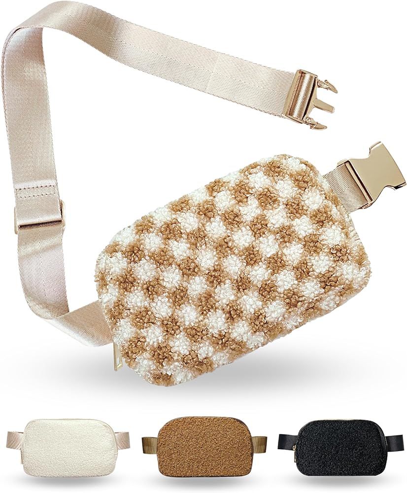 Sherpa Checkered Fanny Pack Crossbody Bag for Women - Gold Accessories, Adjustable Strap | Amazon (US)