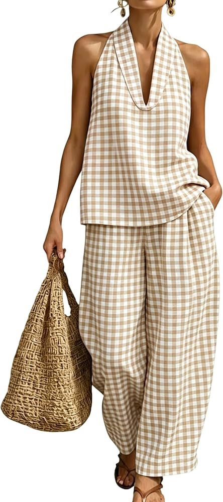 QIBABU Womens Summer Gingham 2 Piece Set Halter Neck Sleeveless Top Pant Sets Casual Cotton Loung... | Amazon (US)