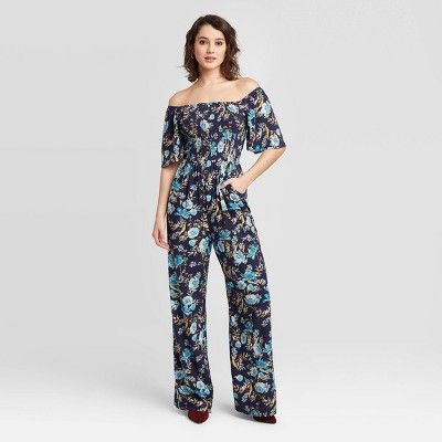 Women's Floral Print Short Sleeve Square Neck Smocked Top Jumpsuit - Xhilaration™ Navy | Target