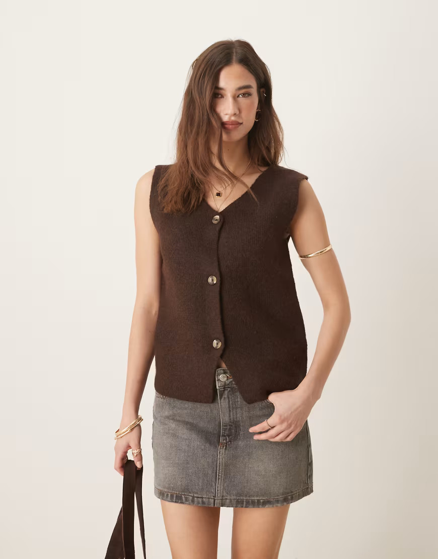 Threadbare button down knitted vest in chocolate brown | ASOS (Global)