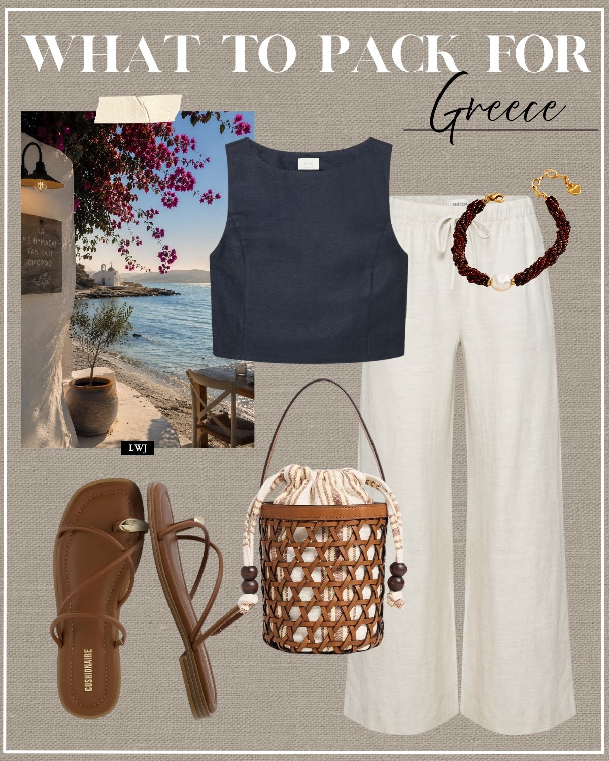What to pack for Greece 

Summer travel / summer outfits / Greece outfits / navy boxy cut tank top/ aritzia lodge linen pants / chunky bracelet / mini woven bucket purse / strappy sandals / amazon

#LTKootd #LTKTravel