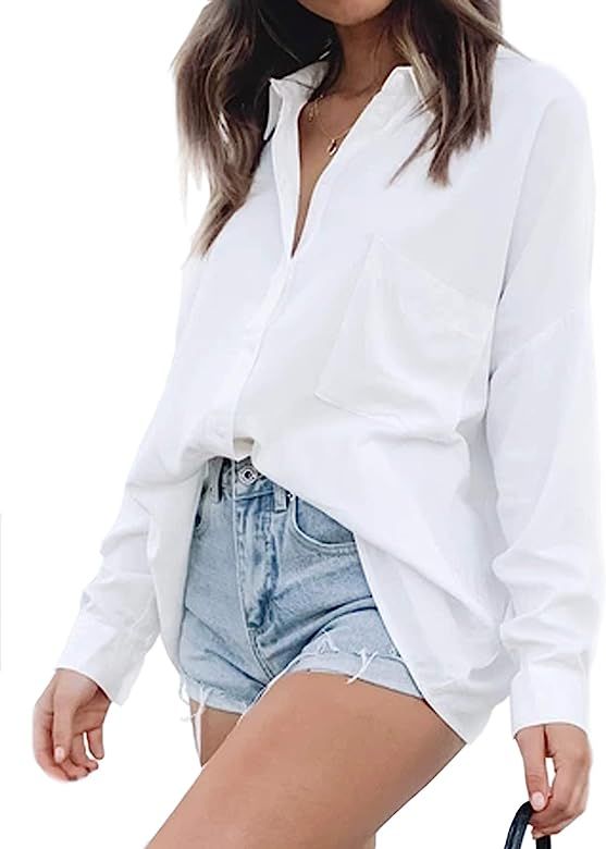 Just Quella Women Oversized White Button Down Shirt Leopard Print Collared Shirt Boyfriend Shirts | Amazon (US)