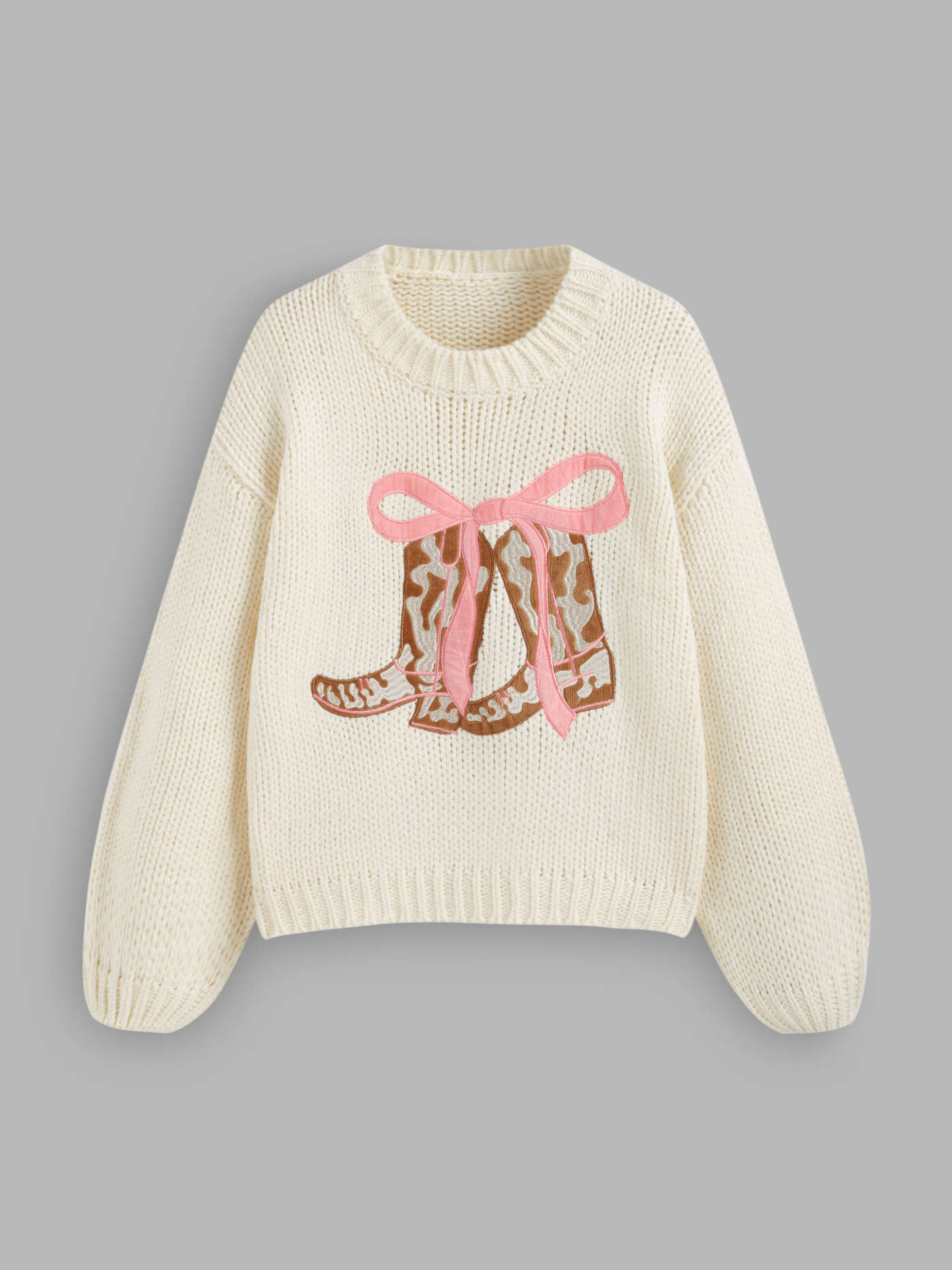 Knit Fabric Knit Round Neckline Boots Bowknot Oversized Long Sleeve Top For School | Cider