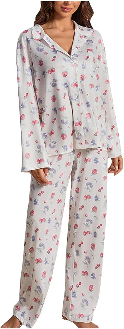 QIGUANDZ Funny Fruits Pajama Sets for Womens Loose Button Down Long Sleeve Shirts and Pants Set S... | Amazon (US)