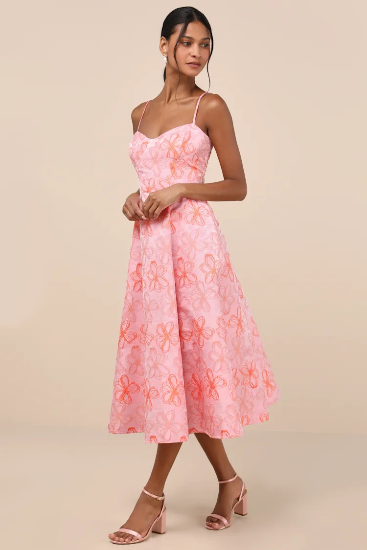 Meet for Tea Pink Jacquard Bustier Midi Dress With Pockets | Lulus