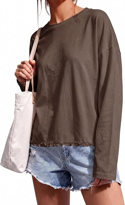 Cicy Bell Womens Oversized Ruffle Hem Tops Crew Neck Casual Boxy T Shirts | Amazon (US)